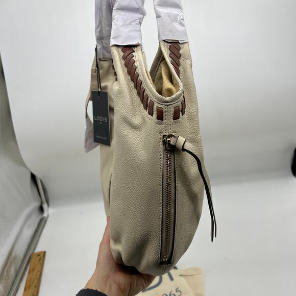 LODIS Womens Purse Medium Whipstitch Leather Tote Lacey Sand/Chestnut - Picture 7 of 14